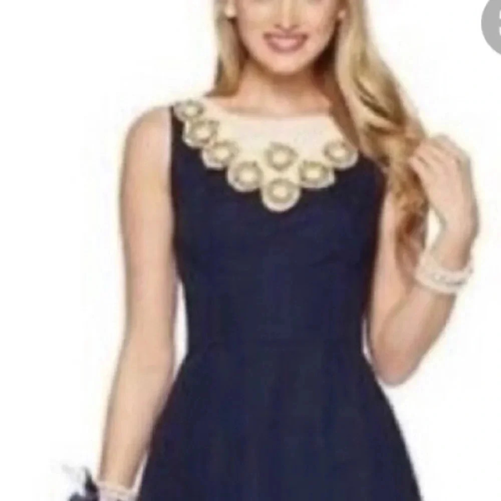 Lilly Pulitzer Women's 4 Wythe Fit and Flare Dress Navy and Gold Illusion Top